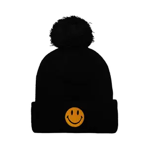 SMILEY POM POM RIB BEANIE
