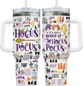 Hocus Witch Tumbler 40oz with Handle and Straw, Sanderson Sisters Insulated Travel Coffee Mug - Spooky Birthday Gift for Fiesta Fans, Him Her & Movie Lovers