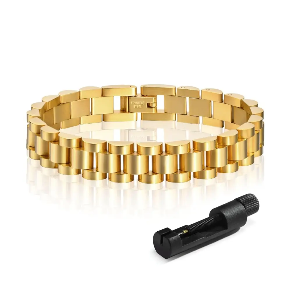 Women's 18K Gold Plated Bracelet Set - Stainless Steel Watch Band Link Bracelet, Bangle with Link Removal Tool