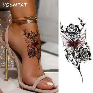 Waterproof Temporary Tattoo Sticker Black and Red Rose Thorns Butterfly Dark Style Flowers Leaves Design Totem Body Art Arm Fake Tattoos Sleeve For Women Men Aldult Hand Wrist Neck Shoulder Waist Abdomen Leg Ankle Peel Off Tattoo