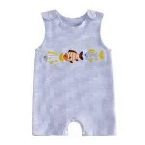 Infant Newborn Baby Boys Summer Sleeveless Romper Striped Tank Fish Embroidery  Jumpsuit for Beach Casual Daily Play Wear
