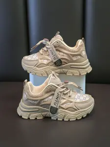 Kids Retro Monogram Pattern Chunky Sneakers, Breathable Mesh Upper, 3 Color Options (Pink/Beige/White), Quick Elastic Lace Closure, Soft Cushion Midsole, Casual Athletic Shoes for Boys and Girls, All-Season School and Daily Wear