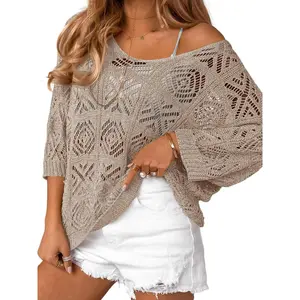 FMEYOA Womens Crochet Cover Up Top Summer 3/4 Sleeve Off Shoulder Sweater Shirts Mesh Boho Beach Swimsuit Coverup