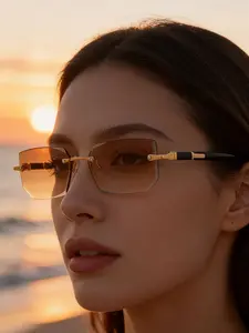 Unisex Rimless Square Metal Sunglasses, Fashion Lightweight Shades, Modern Eyewear for Beach Vacation, Summer & Daily Commute