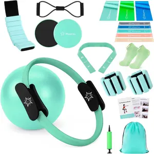 Pilates Equipment Kit for Home Workout 14'' Magic Circle Ring & Ball Set with Wrist Weights Resistance Bands Yoga Strap Core Sliders Socks Bag for Women