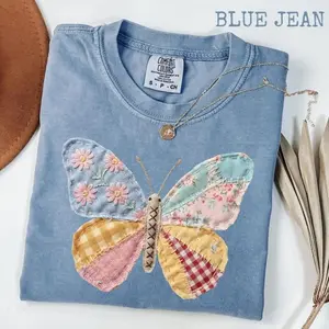 Comfort Colors Faux Patchwork Butterfly T-Shirt Printed, Spring Butterfly Shirts, Easter Shirts for Women, Floral Spring Patchwork, Gifts for Her