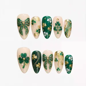 St Patricks Day Press On Nails, Celtic Bow, Gold Glitter, Almond Gel Tips, Reusable
