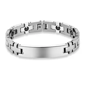 OIDEA Engravable Magnetic Polished Bar Stainless Steel Bracelet for Men — Wide or Slim Band Bangle, Customizable ID Wristband, Silver