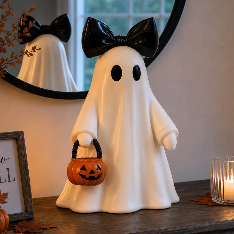 Lighted White Resin Ghost with Pumpkin Lantern - Modern Minimalist Ghost Decor Halloween, Modern Elegant Decoration, Home Festive Figurine for Mantel Shelf, Entryway, Decorating for Halloween