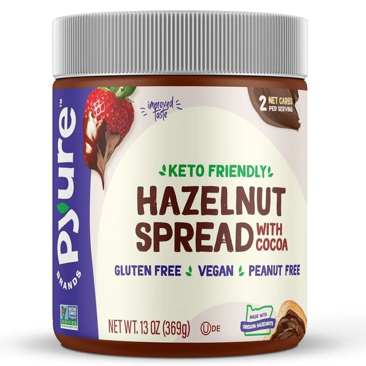 Pyure Keto Hazelnut Chocolate Spread | Sugar-Free, Low Carb, Vegan Nutella Alternative | 2g Net Carbs, Gluten-Free, Peanut-Free, Plant-Based, Non-GMO, Keto Snack, Vegan Sweets | 13 oz Jar