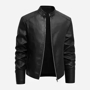 Men's Black PU Leather Jacket with Standing Collar Slim Fit Casual Daily Wear Front Zipper Long Style