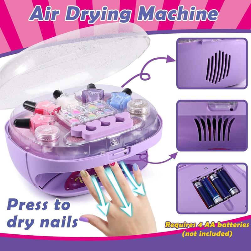 Kids Nail Polish Set for Girls, All-in-One Nail Art Kit - Nail Dryer/ Nail Polish/ Glitter Powder/ False Nails/ Nail Decals/ Toe Separator/File, Age 3-12 Little Girl Gift Toys