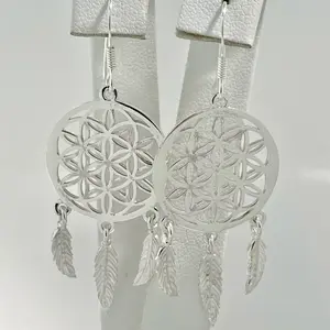 Sterling Silver 925 Dream Catcher Feather Dangle Earrings