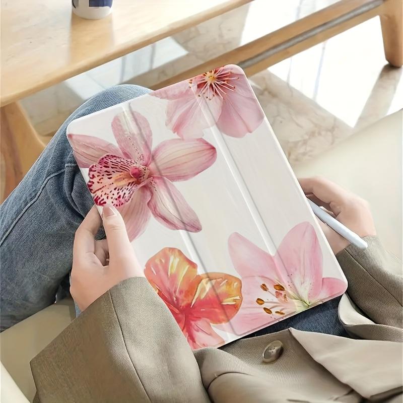 Pink Lily Foldable Flip Stand Pen Holder Anti-drop Protective Case for iPad mini Air Pro 10th 11th Gen Tablets Non-slip Adjustable Stand Flexible Hybrid Protection - Folding
