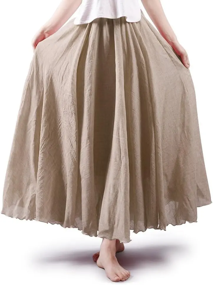 Women's Long Flowy Maxi Skirt Cotton Linen Boho A-Line Skirts for Ren Faire, Cottagecore & Beach (S-L & Girl)
