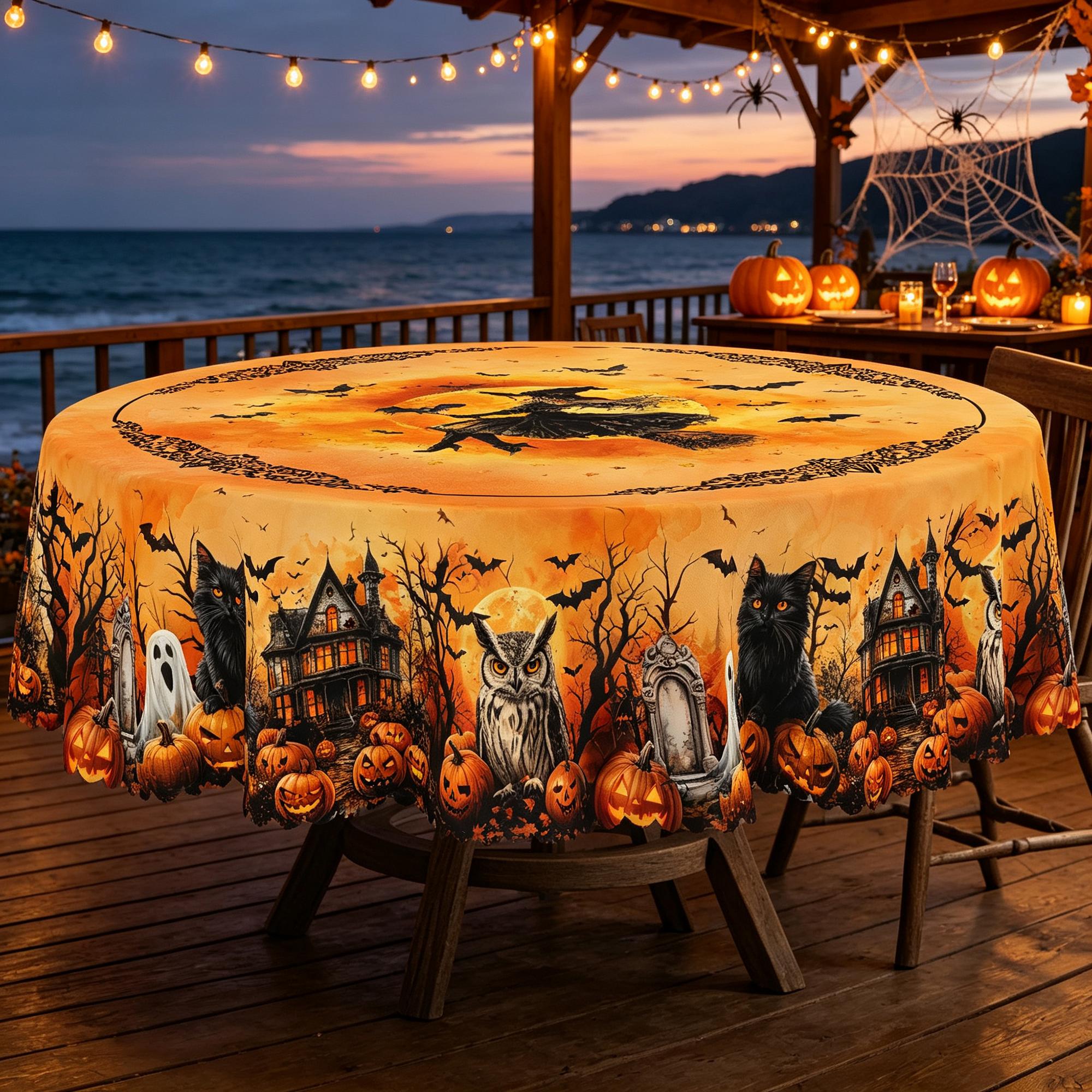 BOOPBEEP Halloween Printed Tablecloth - Vintage Farmhouse Style, Pumpkin & Black Cat Patterns, Rectangular/Round Dining/Kitchen Cover, Nostalgic Halloween Decor, Brunches Indoors Use, Holiday Gift, Pumpkin Ghost Pattern Kitchen Linen Sets, Decoration, Ind