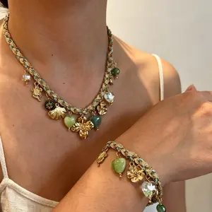 Aesthetic Colorful Handmade Braided Necklace & Bracelet Set, Non-Tarnish Stainless Steel Flower Pendant for Stacking, Unique Maximalist Jewelry for Layering, Trendy Gift for Her