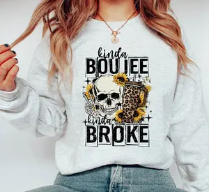 Kinda Boujee Kinda Broke Shirt Funny Skull Sunflower Graphic Tee Boujee Leopard Coffee Cup Sweatshirt Fall Trendy Gift for Her Birthday Fitted Hem Loose Natural Polyester Ribbed Sleeve Soft