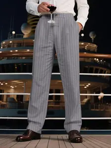 Men's Striped Print Linen Pants, Casual Fashion Pocket, Loose Casual Comfy Breathable Straight Leg Trousers for Summer, Men's Bottoms for Daily Wear