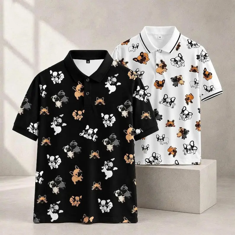 French Bulldog Print Polo, Frenchie Dog Lover Gift, Puppy Pattern Apparel, Unisex Top