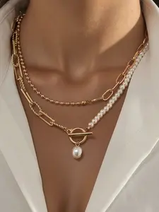 Vintage Long Pearl Embellished Beaded Chain Necklace, Elegant Women's Party Holiday Jewelry, Simple and Stylish Layered Design, Fashionable Accessories