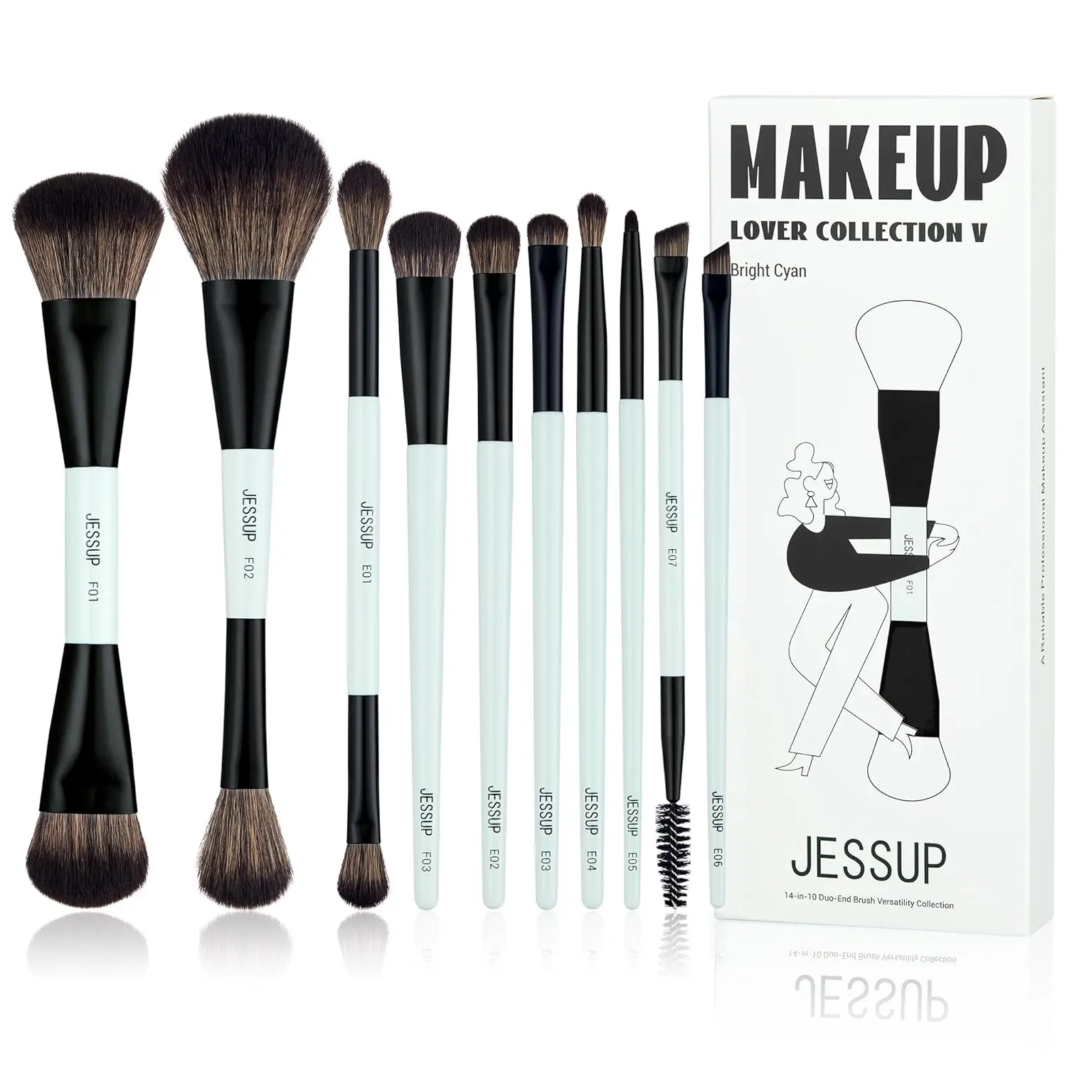 Jessup 10pcs Double-Sided Multifunctional Makeup Brushes Set - Bright Cyan T500, Eyeshadow Brushes Included, for Foundation, Contour, Blush, Highlight, Blending, Eyebrow, Concealer, Cruelty-Free for Makeup Artists & Beginners