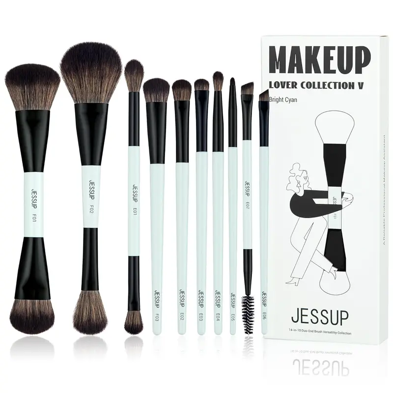 Jessup 10pcs Double-Sided Makeup Brushes Set - Bright Cyan T500, for Foundation, Contour, Blush, Highlight, Blending, Concealer, Eyeshadow, Cruelty-Free Brush Sets & Kit for Makeup Artists & Beginners, back to school