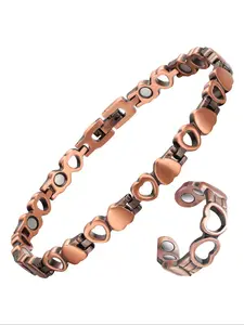 Women's Copper Magnetic Bracelet and Ring Set, Adjustable Slider Bracelets, Heart Design Healing Jewelry, Adjustable Size, Perfect Gift for Family Friends, Trendy Stack Bangle