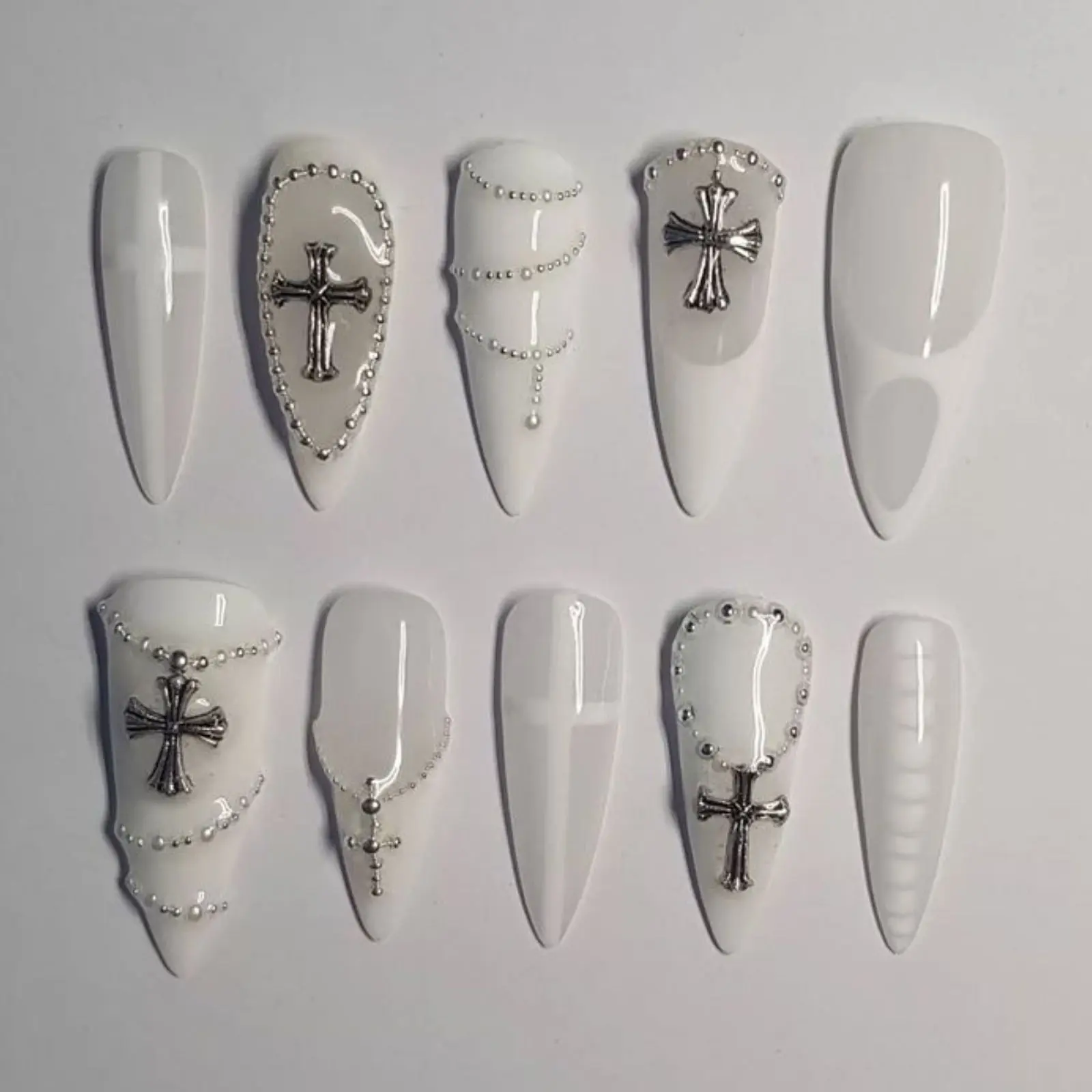 White Gothic Cross Press On Nails | Silver Chrome Cross & Rhinestone Nail Art | Long Stiletto Coffin Fake Nails | Edgy Luxury Nail Set
