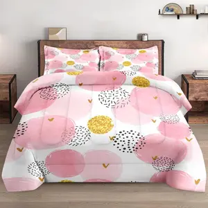 Pink Polka Dot Comforter Set - 3-Piece Queen Bedding with Golden Accents