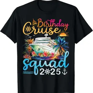 1pc Birthday Cruise Squad 2025 T-Shirt - Casual Cotton Tee with Heat Transfer Print, Round Neck, Short Sleeve, Regular Fit for Men and Women - Cruise Vacation Gift, No Chest Pads, All Seasons