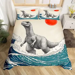 Dinosaur Monster Bedding Set Japanese Ukiyoe Theme Duvet Cover for Adult Kids Boys Girls Cool Animal Comforter Cover Set Asian Anime Bedspread Cover Zipper