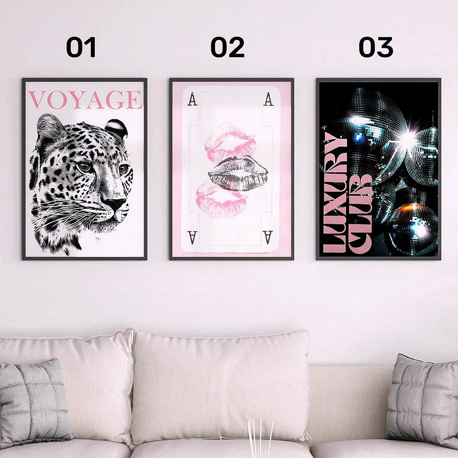 Set of 3 Pink Glam Fashion Posters, Leopard Lips Disco Ball Wall Art, Premium HD Print, Trendy Y2K Bedroom Decor, Perfect Gift, Unframed