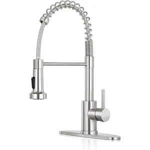 Kitchen Faucet with Pull Down Sprayer, Commercial Single Handle Stainless Steel Faucet with Deck Plate (Brush Nickel)
