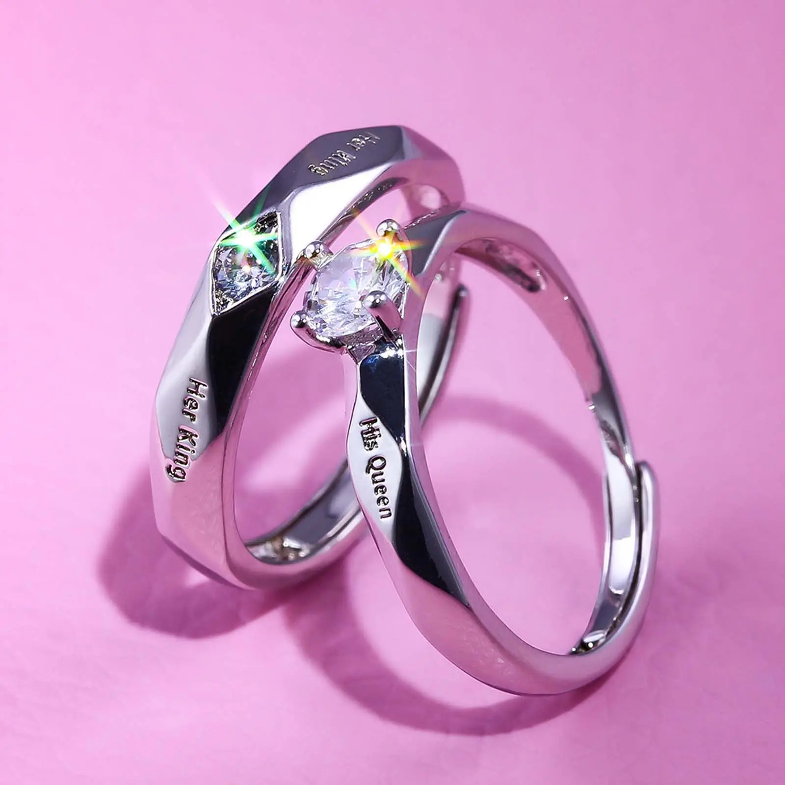 Zircon Couple Open Rings with "Her King His Queen" Inscriptions - Beautiful Fashion Engagement Rings for Men and Women, Ideal for Weddings and Gifting, Beautiful Rings