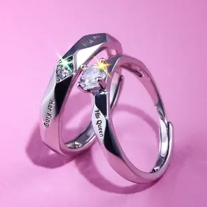 Zircon couple rings for men and women, open rings with inscriptions "Her King His Queen", suitable for engagement weddings and gifts