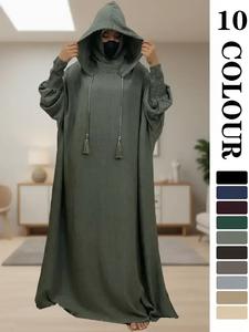 women's solid color batwing sleeve drawstring hooded dress, casual long sleeve shirred cuff long dress for spring & fall, dresses for women, women's islamic clothing for daily wear, spring dresses