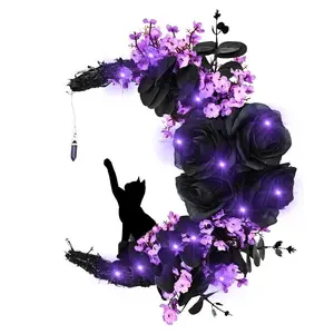 Halloween Black Branch Wreath Signs for Front Door with Lights,Handcrafted Halloween Horror Wreath Round Faux Photo Decoration Flowers