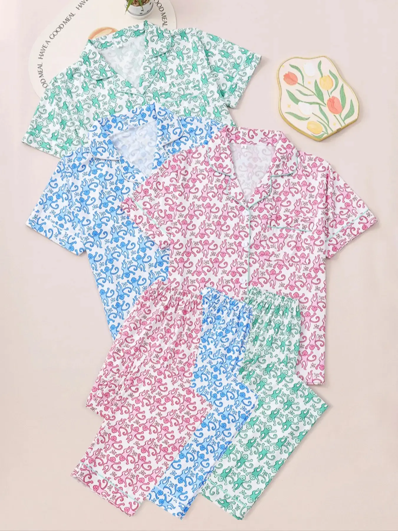 Women's Cartoon Monkey Print Pajama Set, Casual Comfort Short Sleeve Shirt & Elastic Waist Pants, All-Season Sleepwear Combo Loungewear, Lounge Pjs Set