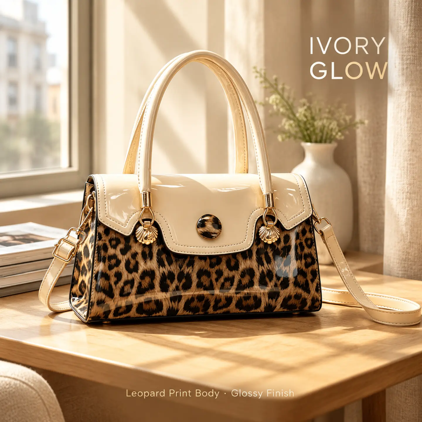 New leopard print patent leather women’s shoulder bag, multifunctional tote, double-handle bowling bag, magnetic closure, metal hardware decoration, available in various colors, random leopard print pattern