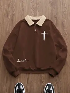 Oversized Faith Christian Polo Sweatshirt | Retro Vintage Sherpa Collar Top with Brushstroke Cross & Handwritten "Faith" Graphic Print, Soft Fleece Fabric for Church Worship/Street Style, Relaxed Trendy Aesthetic Fit