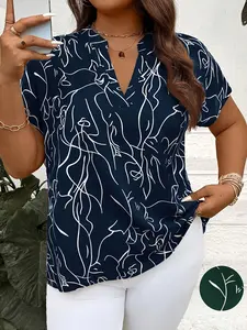 Plus Size Print Blouse, V Neck Loose Fit Top, Summer Abstract Line Print Short Sleeve Shirt, Comfortable Casual Wear Womenswear