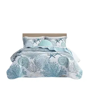 3 Piece Coastal Quilt Sets King Size - Reversible Microfiber Quilts with 2 Shams Soft Lightweight Beach Bedding Nautical Bedspread Coverlet Summer Comforter Set for All Season