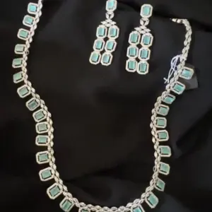Mint Green CZ and American Diamond Necklace Set for Women