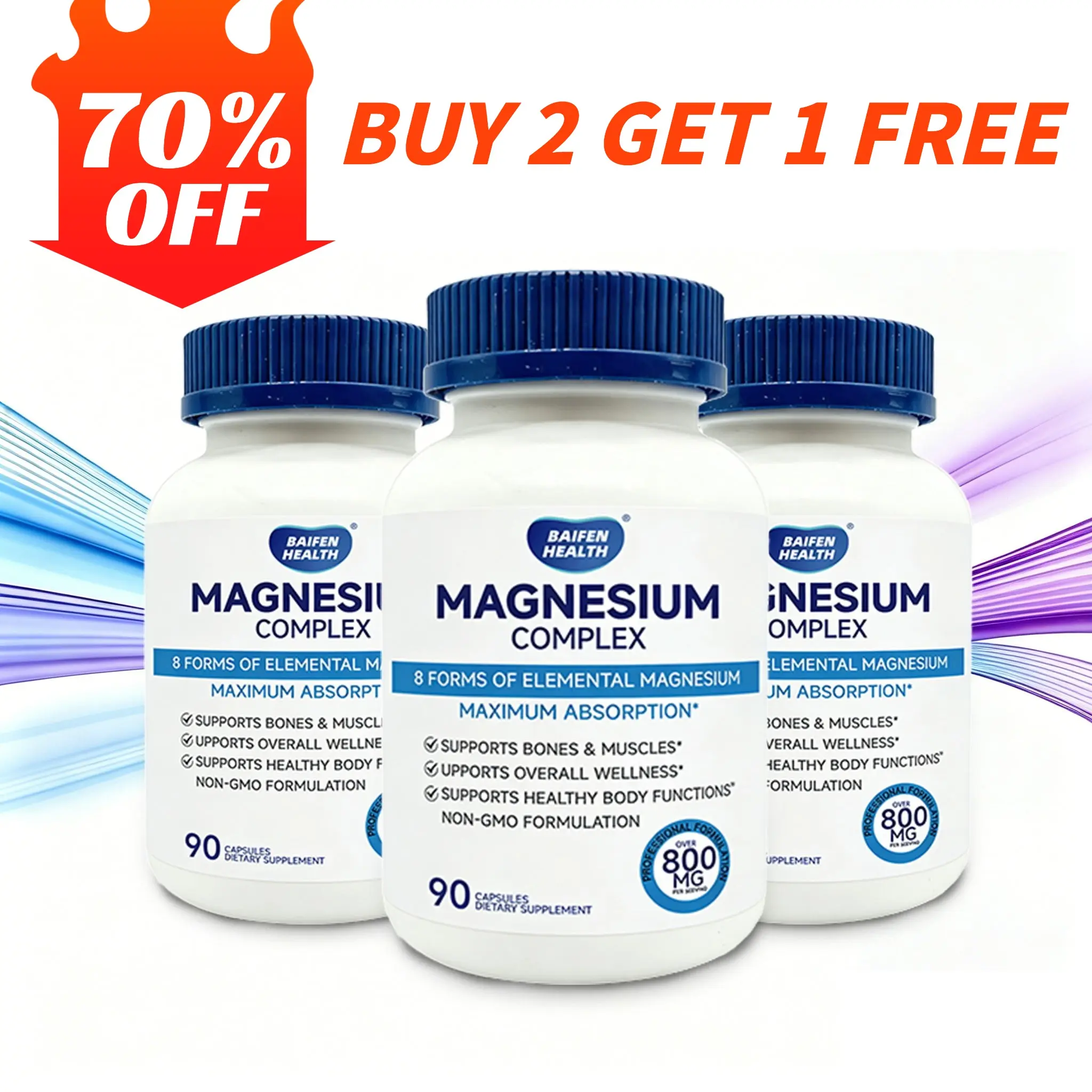 BAIFEN Magnesium Complex 8 Essential Forms 800mg Capsules for Muscle Recovery & Bone Density 90 Non-GMO Dietary Supplement