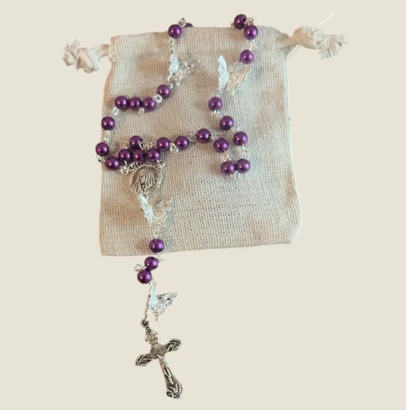 Deep Purple & Silver Butterfly Rosary with Elegant Beads and Detailed Cross Charm for Spiritual Practices
