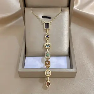 A Single Piece of Colorful Synthetic Gemstone Pendant Necklace Featuring a Golden Bohemian Fine Chain, Ideal for Light Luxury Jewelry. This Exquisite Item Makes a Perfect Gift for Daily Wear, Banquets, Or Parties