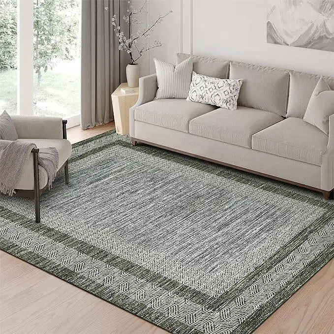 GARVEE Modern Living Room Rug 8x10 Thin Washable Rug Non Slip, Low Pile Foldable Mat, Soft Non Shedding Indoor Accent Carpet for Bedroom, Green