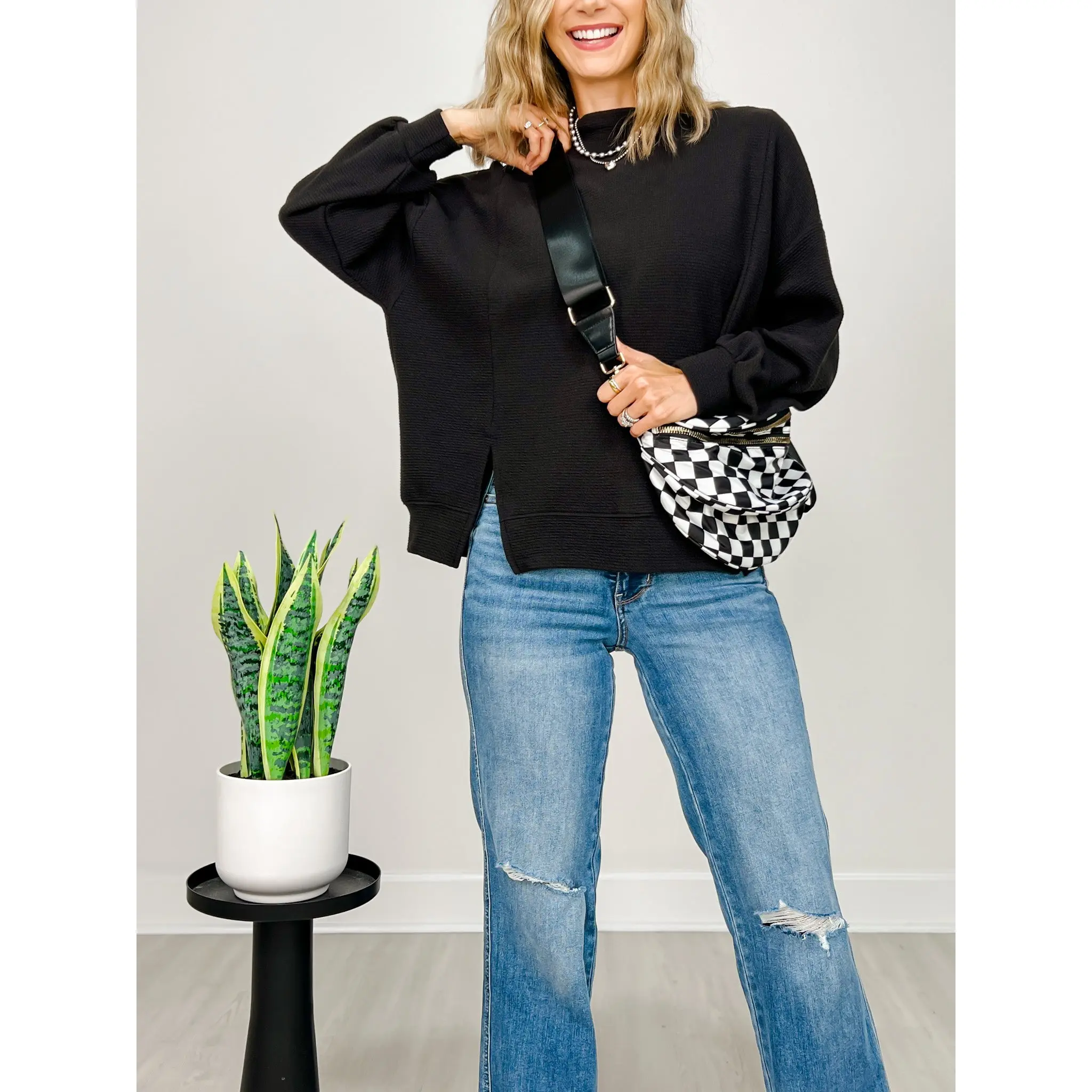 Cloudy Knit Mock Neck Cuffed Long Sleeve Top
