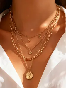 3-Piece Metal Coin Portrait Layered Necklace Set, Bold Fashion Jewelry, High-End Style, Vacation Vibes, Unique and Trendy Accessory